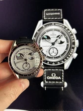 MISSION TO EARTHPHASE Grey Swatch Omega Steel case Mod Moon watch Newman Panda