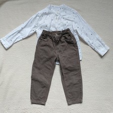 Zara Outfit Set Boy  s 3-4y Brown Jeans Pants White Shirt Novelty Print Cotton