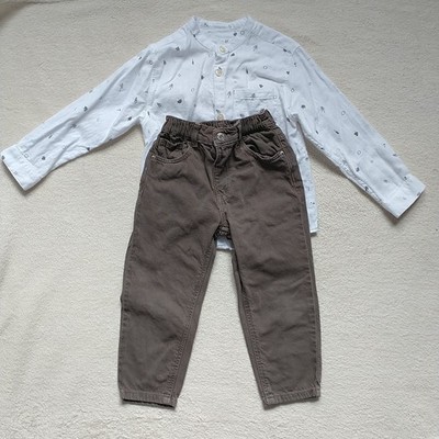 Zara Outfit Set Boy s 3-4y Brown Jeans Pants White Shirt Novelty Print Cotton 