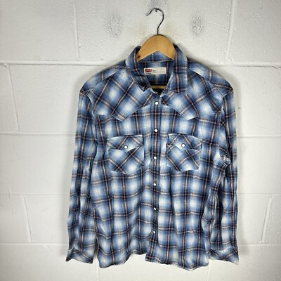 Levis Hemd Herren Large blau Perlen Druckknopf Tartan kariert Standard Fit Western Tab