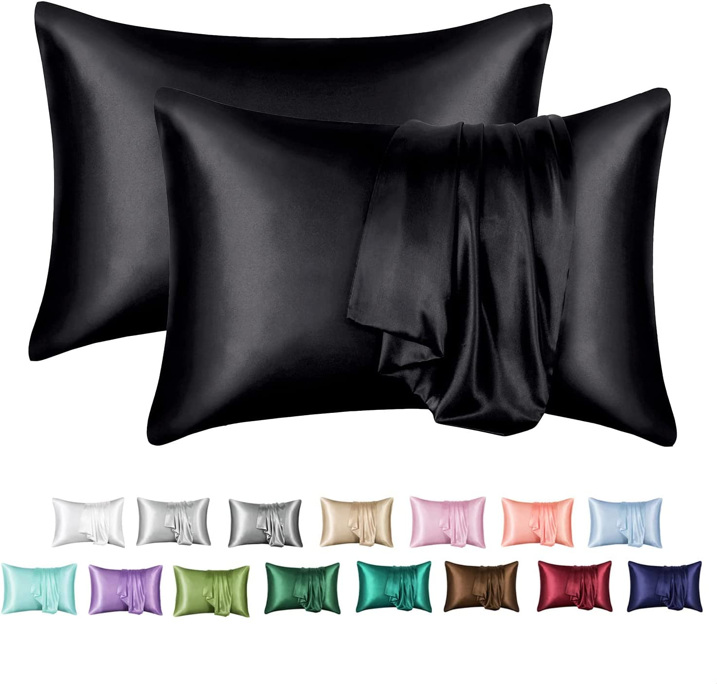 Satin Pillowcase Set of 2, Queen Size (20X30), Black Silk Satin Cover