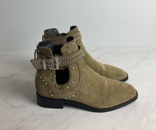 Zara Cut Out Ankle Boots Studs & Buckle Women US 6.5 Divine Low Heel Beige Olive - Picture 1 of 11