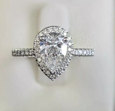4 Ct Certified Pear Shape Natural Diamond White Gold Finish VVS1 Engagement Ring