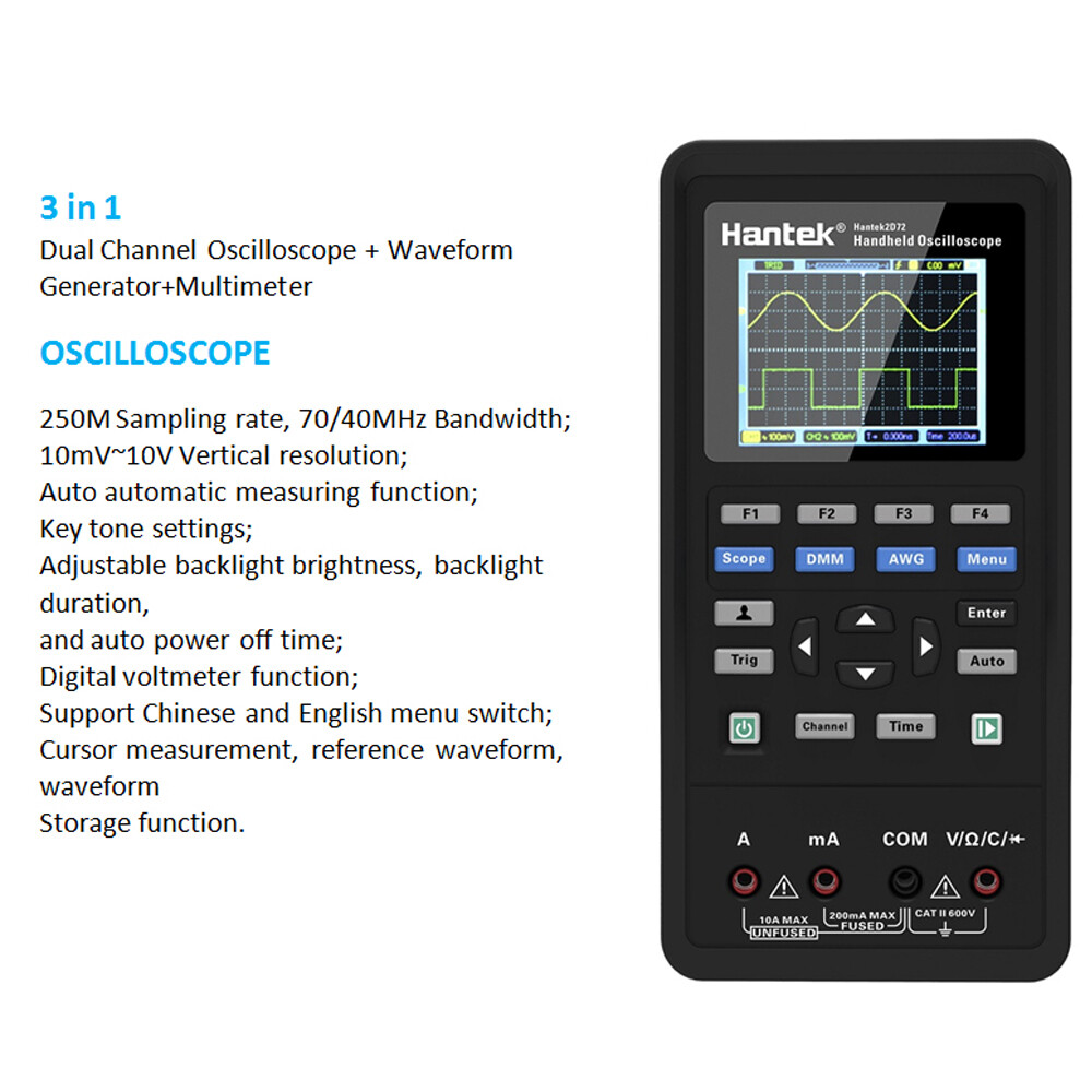 3in1 Hantek Handheld Oscilloscope Digital Multimeter Waveform Generator 250MSa/s