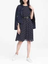 Banana Republic Polka Dot Racer-Neck Fit-and-Flare Dress Navy, sz 12 #3262 E922