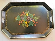 Vintage Toleware Tray w Handles Black Gold Handpainted Fruit Signed Haxey 26.5" 