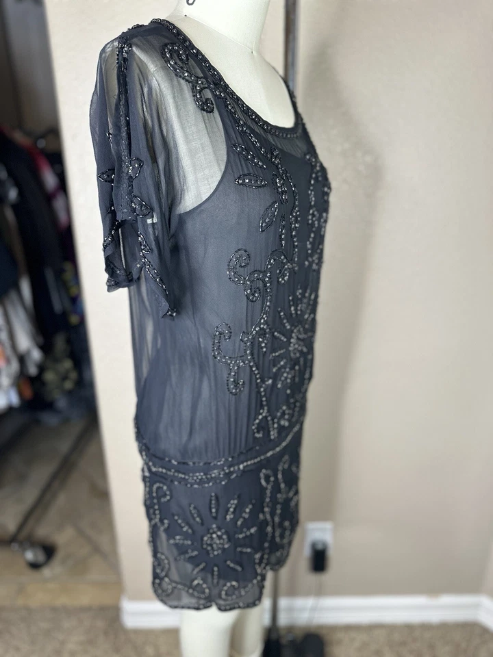 Vestido Anna Sui Negro Chifón Cristal Adorno Cuentas Talla M Foto 4 de 4