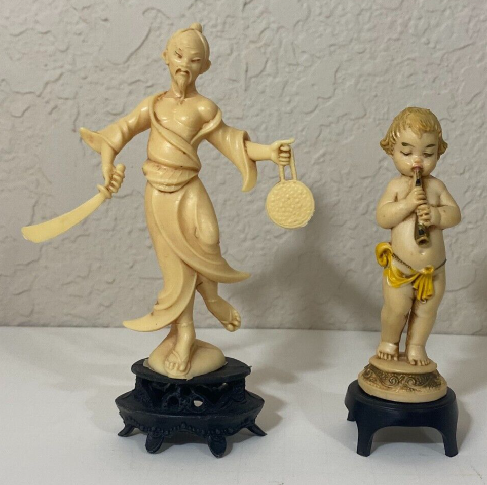 Vintage Plastic Cherub Flute Player & Samurai Figurines Made In Italy