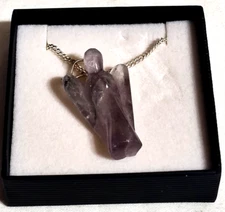 ~ Amethyst Angel Shaped Stone Necklace Silver-tone Chain Safety Clasp Box VTG