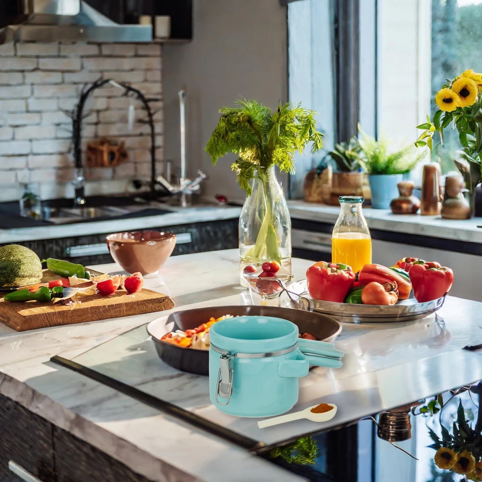 Turquoise Food Storage Canister Set with Wooden Spoons for Kitchen Organization - Image 3 of 4