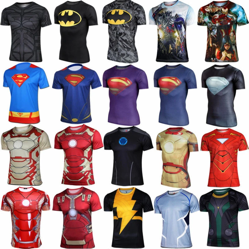 T-shirt compression Homme Captain America, 3D Tops Rashguard Musculation,  bleu-multicouleur, manches longues. Taille Adulte M