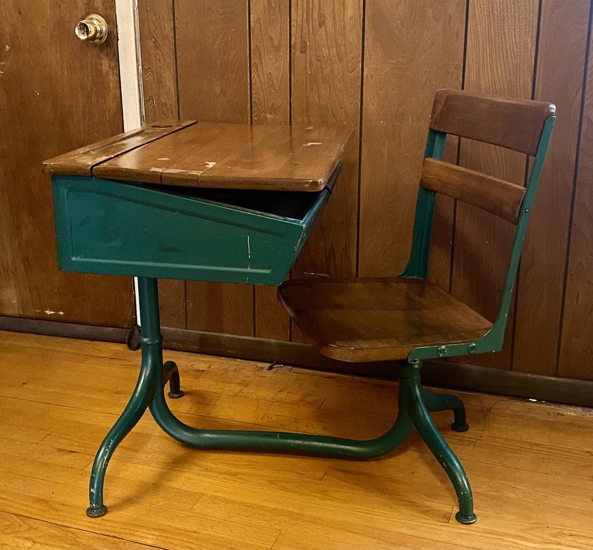 Vintage Child's Industrial School Desk & Chair - Wood, Metal, Flip