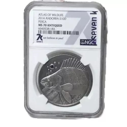 ATLAS OF WILDLIFE 2014 ANDORRA S10D PERCA NGC MS70 ANTIQUED SEVEN K LABEL