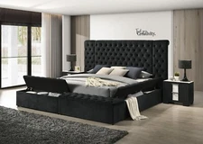 3pc Glam King Tufted Headboard Upholstered Storage Bed 2x Nightstand Set Black
