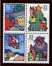 US Block MNH #3108-3111a 32c Christmas Scenes   ,_3108