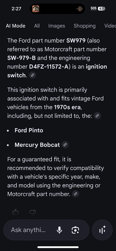 Nuevo OEM FORD D4FZ11572A 1971-75 PINTO 1975 MERCURY BOBCAT INTERRUPTOR DE ENCENDIDO NOS Foto 2 de 4