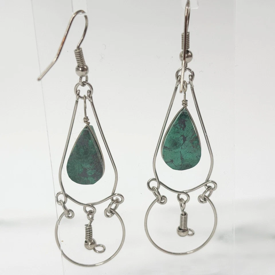 Boho Dangle Earrings Turquoise Gemstone Teardrop Dangles Silver Tone Artesian - Image 3 of 4
