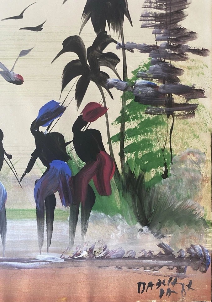 Pintura acuarela guerreros de caza africanos modernistas de mediados de siglo de los años 50 Foto 4 de 4