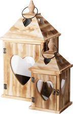 2er SET HOLZ-LATERNEN Herz Laterne Windlicht 42,0 cm + 29,5 cm natur