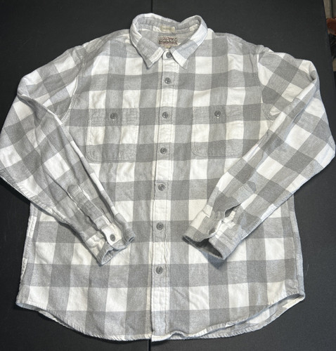 J Crew Mid-Weight Flannel Men’s L Gray White Plaid LS Button Up Shirt *stain