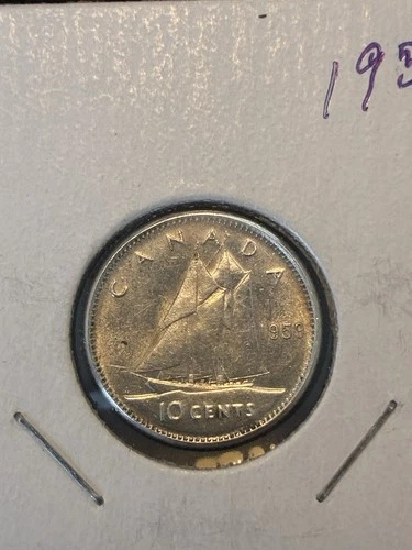 1959 Canada Silver Dime 10 Cents Elizabeth II .800 Fine AU Luster Bluenose
