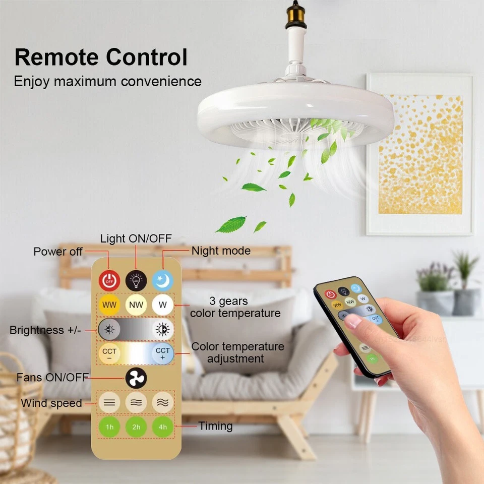Smart 3-in-1 Ceiling Fan Light with Remote Control E27 Base 85-265V for Bedroom - Image 4 of 4