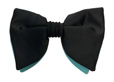 Vintage Black & Turquoise Satin Bow Tie 1970s Oversized Large Butterfly Clip On