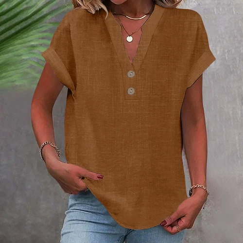 Blusa Top Ligera de Verano para Mujer Cuello en V Manga Corta Algodón Lino - Imagen 15 de 35