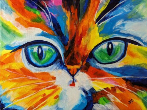 Cat Painting Original Collectible Impressionism Rainbow Face By Samantha McLean - 第 1/5 張圖片