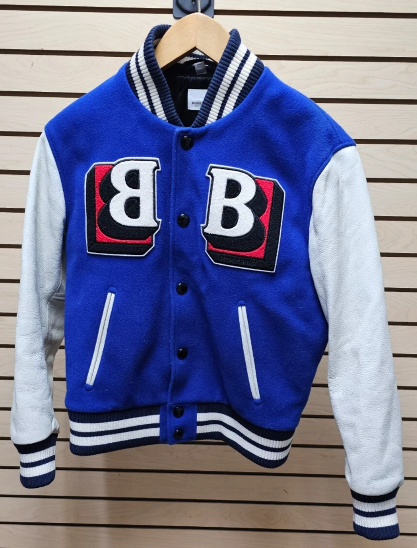 Giacca Burberry Blu Felton B Logo Pelle Manica Varsity TG 48 Usata