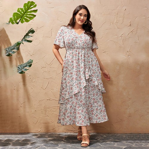 Plus Size Boho Women V-Neck Ruffle Floral Short Sleeve Midi Dress Party Dresses - Zdjęcie 4 z 22