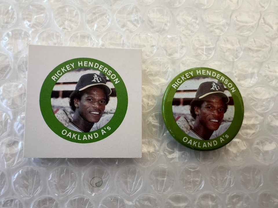 Fun Foods Rickey Henderson Joe Morgan 1984 raro tarjeta prueba botón prendedor Oakland Foto 2 de 4