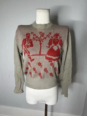 Vintage 40s Novelty Wool Knit Dutch Lovers Sweater - Image 1 of 4