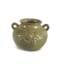 Vintage Green Clay Pot with Dual Handles & Fruit Design  Rustic Kitchen Decor
