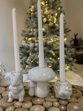 3 GLAZED POTTERY CANDLE HOLDERS MUSHROOM SQUIRREL  HEDGEHOG W CANDLES NWT TARGET
