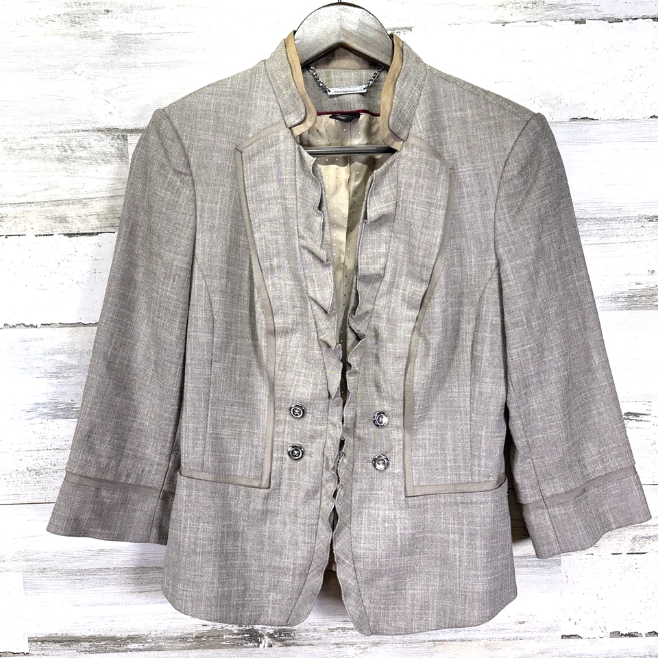 White House Black Market Light Tan Tweed 3/4 Slv Ruffle Fitted Blazer Jacket 6 - Image 3 of 4