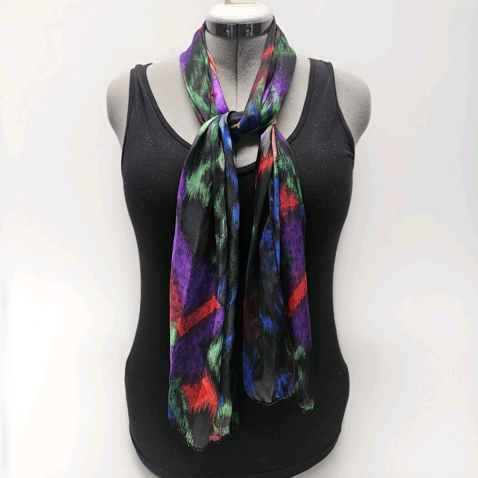 Vintage Abstract Black Silky Scarf Polyester Sheer Oblong Shawl 13x60"
