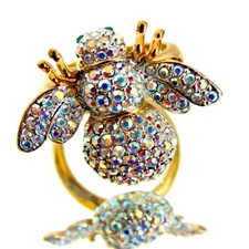 Joan Rivers Crystal Bee Ring Size 8 Aurora Borealis Statement Jewelry Figural 