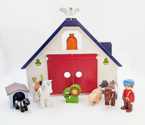 1999 Vintage Playmobil 1 2 3 Barn, Farmer & Farm Animals