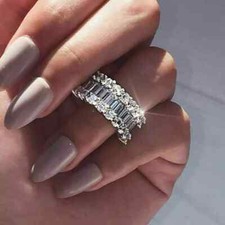 Emerald Cut Ring 14K White Gold Plated Silver 3Ct Lab Created Diamond Engagement