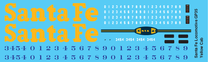 HO Scale - Santa Fe Locomotive GP35 Yellow Cab Decals