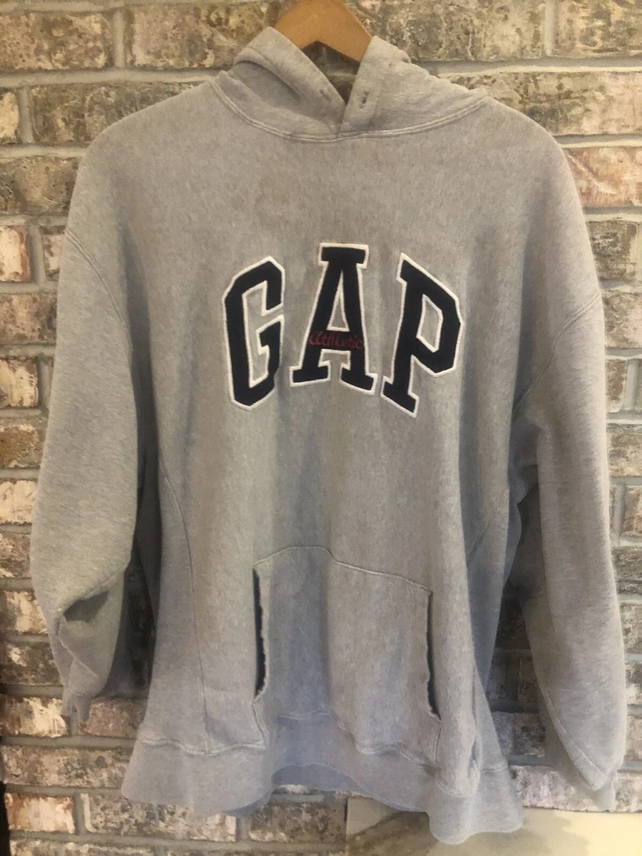 Vintage Mens 90s GAP Athletic Reverse Weave Spellout Logo Hoodie Size XL  GRAY