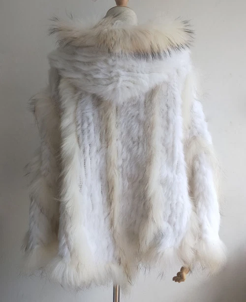 Poncho de piel de conejo real tejido para mujer con capucha talla grande capa de piel con capucha real Foto 2 de 4