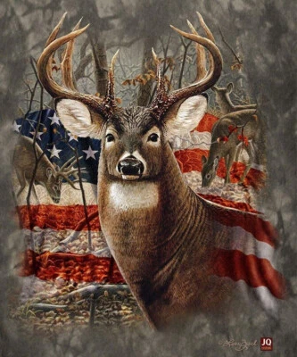 SVT American Deer Blanket, Plush Queen Size Throw, American Flag Hunting Blanket