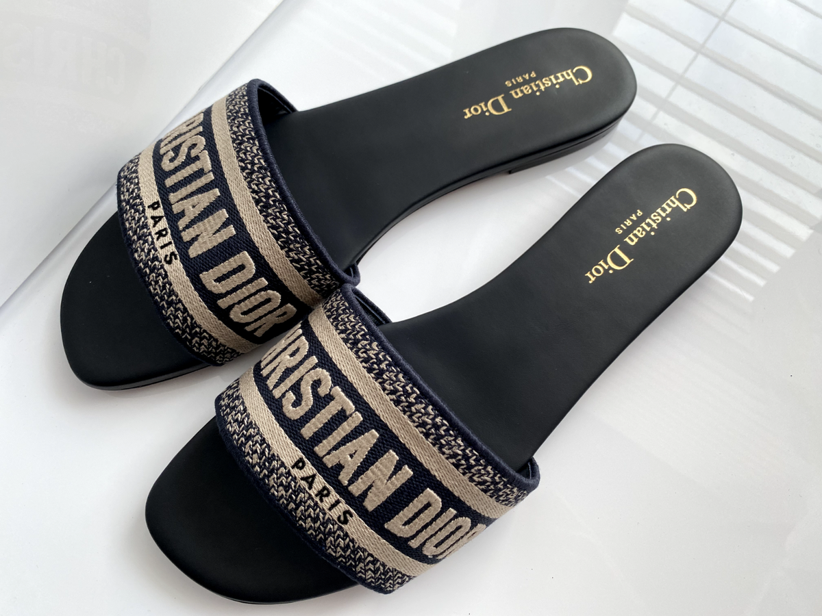 $775 Christian Dior DWAY NAVY BLUE FABRIC LEATHER Slides SANDALS