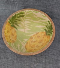 Mango Wood Bowl With Glossy Pineapple  Leaf Design 6 3/4" Round