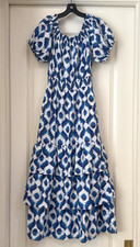 Knox Rose Maxi Dress Sz S Boho Tier Puff Short Sleeve Blue White Abstract
