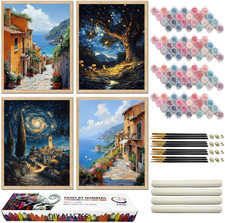 4 Pack Paint by Numbers Kit for Adults, Sky and Beach Landscape DIY Adult Paint