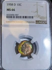 1958-D Roosevelt Silver Dime NGC MS66 High Grade Monster Rainbow Toned Coin
