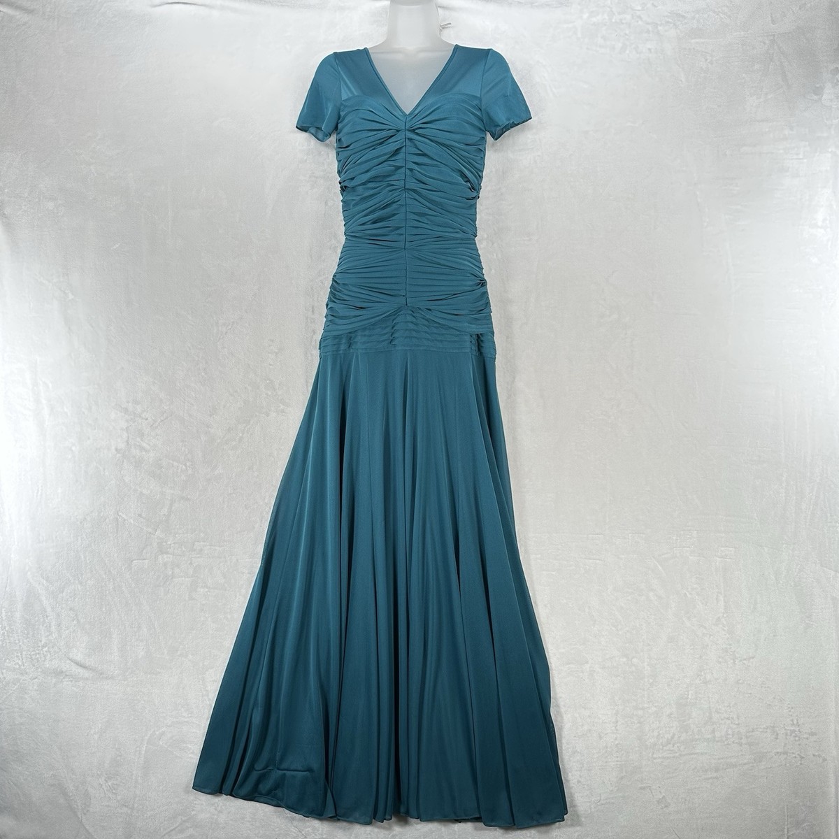 Halston Heritage Dress Womens S Blue Green Fairy Romantic Maxi Gown Ruched  Sheer
